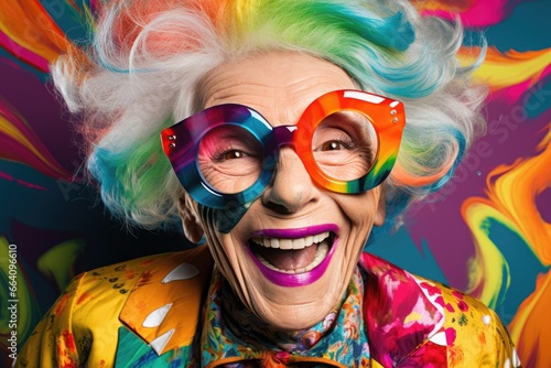 Funny old lady in colorful clothes, crazy senior woman wearing outfit in bold colors, happy face expression, ai generated