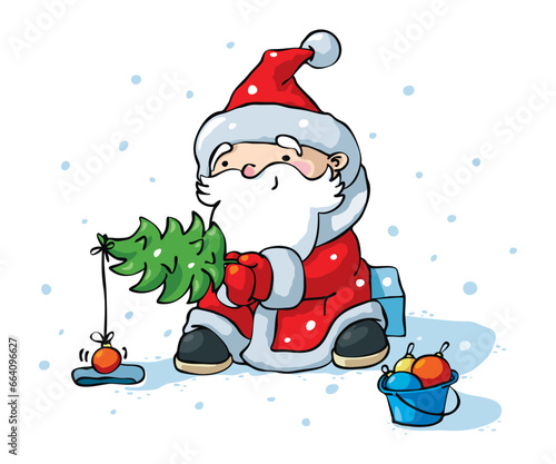 Santa claus on christmas fishing with full bucket of balls