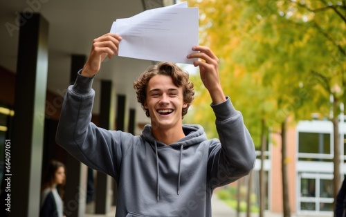 A happy teenager received an acceptance letter from a college photo