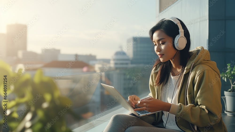 Fototapeta premium Businesswoman use laptop and headset for online conference call. AI generated image