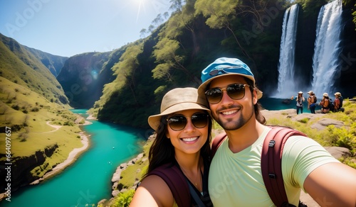 Hiking couple taking a selfie with a waterfall in the background.