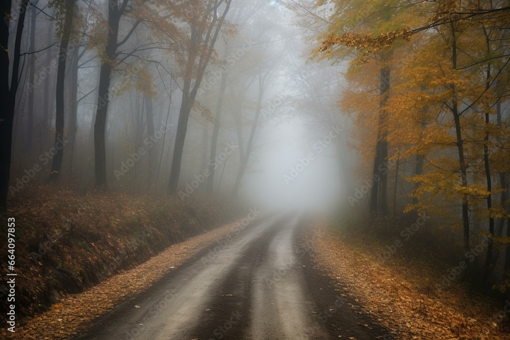 A lonely road and forest covered in mist during the autumn season. Generative AI