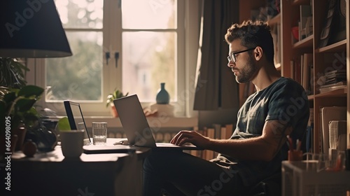 Freelancer or businessman using laptop in living room. AI generated image