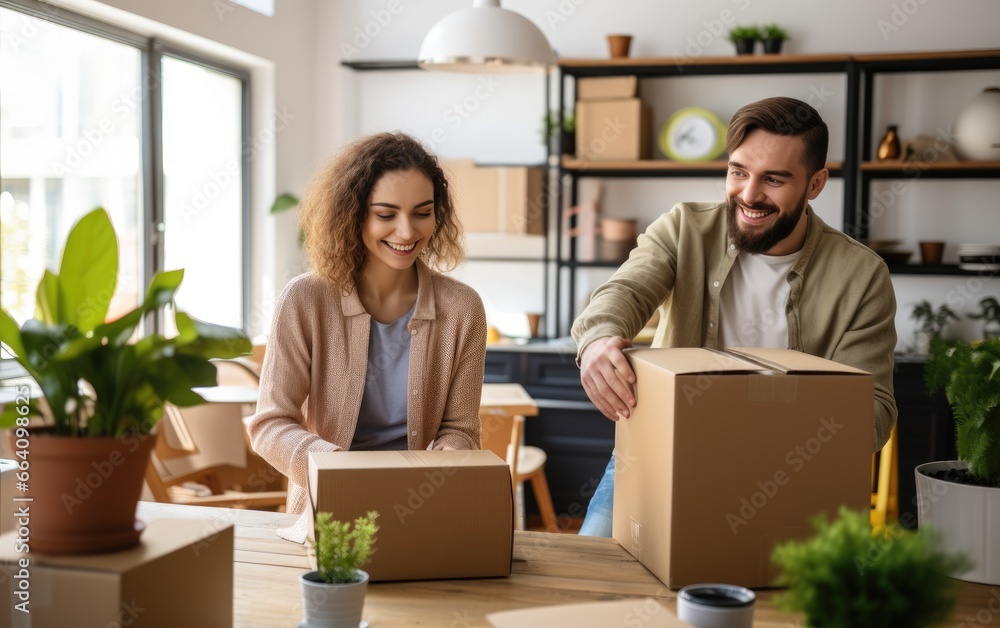 Young couple unpacking boxes in their new rent apartments Young couple unpacking boxes in their new rent apartments