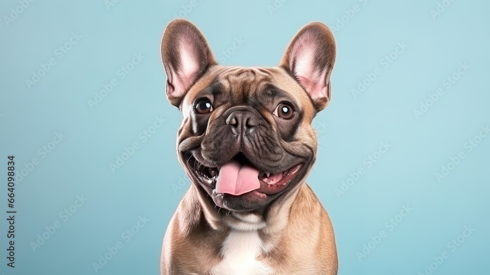 portrait of a cute smiling french bulldog dog puppy on blue background with copy space AI