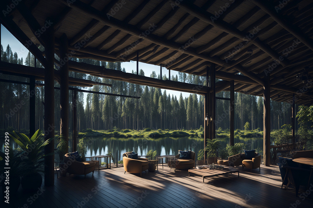 Fototapeta premium Hotel interior with lake view. Created using generative AI tools