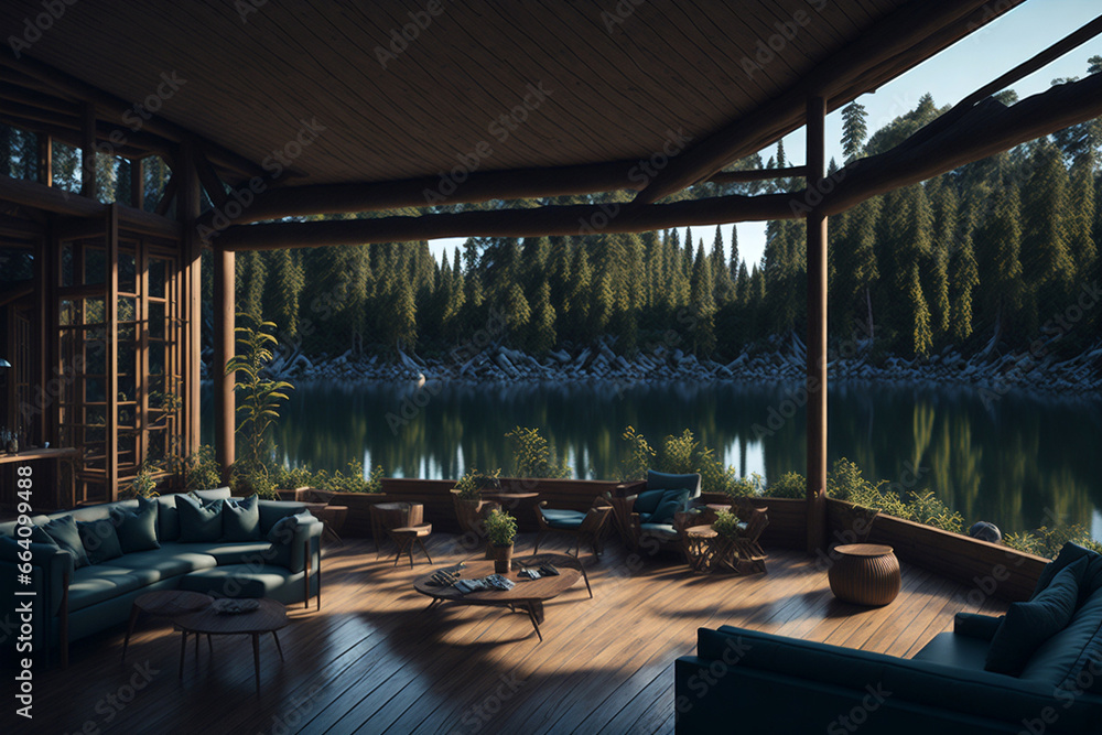 Hotel interior with lake view. Created using generative AI tools