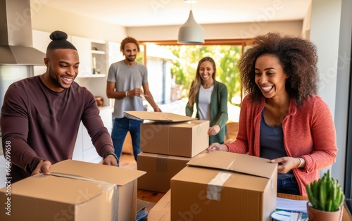 Young couple unpacking boxes in their new rent apartments © piai