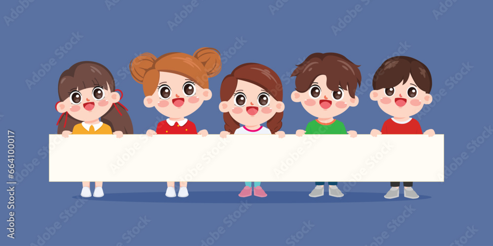 Group of children holding white banner placard. Template for advertising brochure. Ready for your message. Group of children holding white banner placard. Template for advertising brochure. Ready for your message.