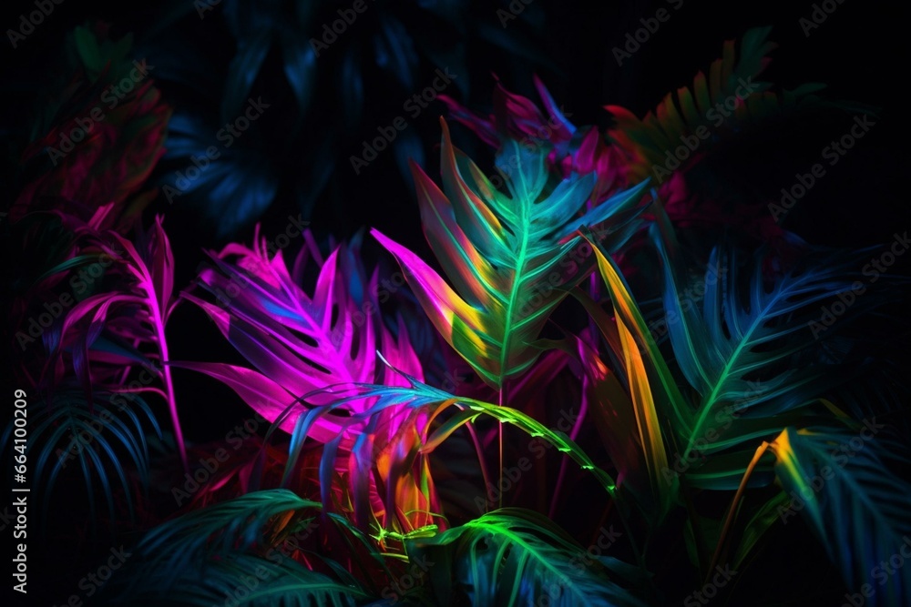Vibrant neon light illuminating tropical foliage. Generative AI