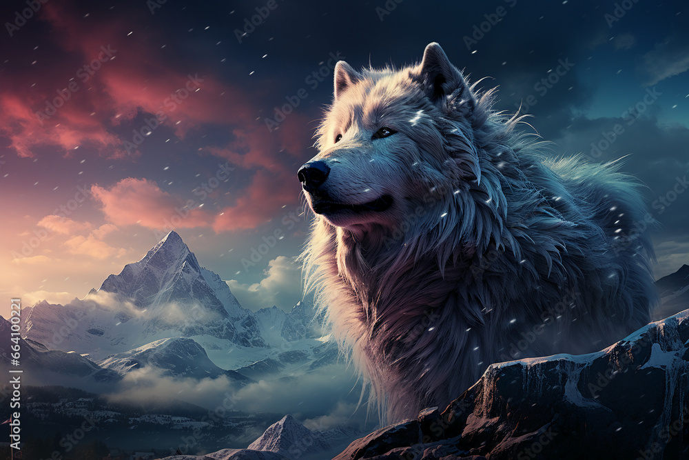 A vast frozen tundra, with snow - capped mountains in the background. In the foreground, a white wolf silhouette. AI generative