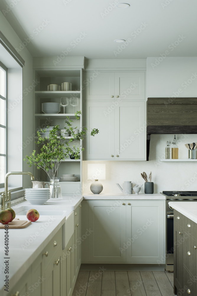 Kitchen cabinets with shelves and utensils in a traditional kitchen interior. Kitchen cabinets with shelves and utensils in a traditional kitchen interior.