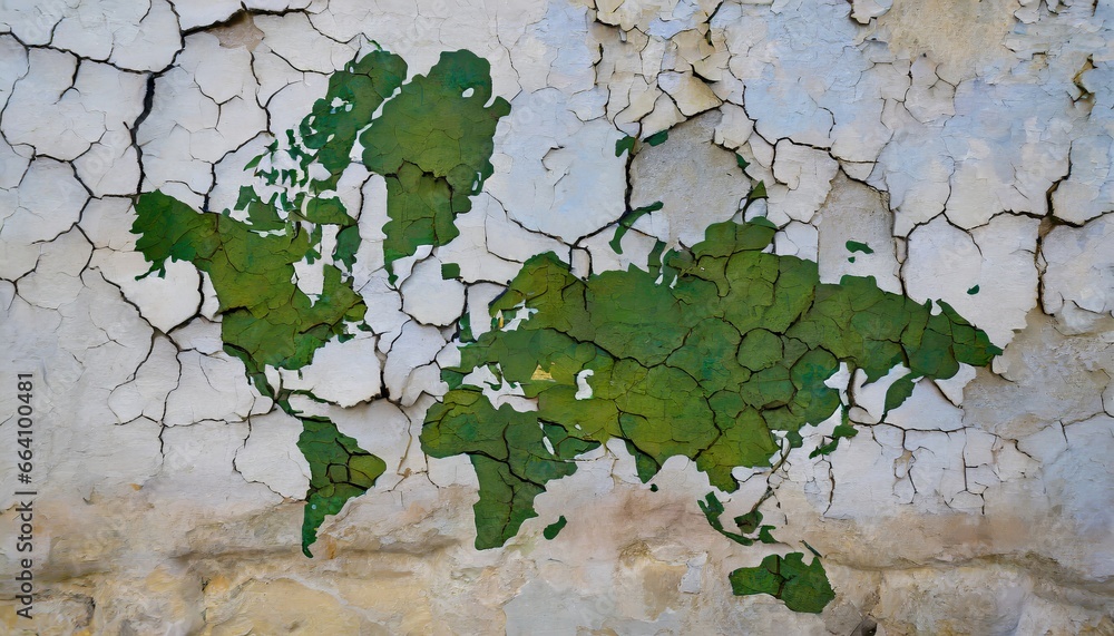 Old plaster wall with cracks and moisture stains in the shape of World Map