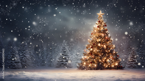 Weihnachtsbaum mit Stern beleuchtet und dekoriert draußen im Wald mit Schnee