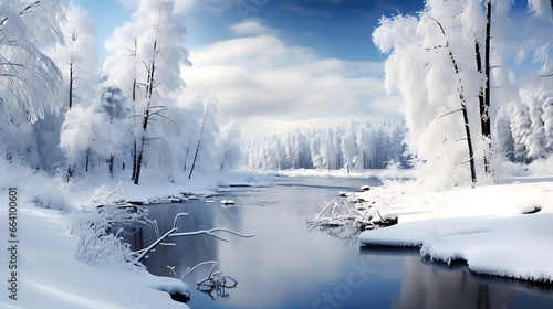 a winter landscape, with snow-covered trees, a frozen lake, and a pristine blanket of snow, evoking the magic of a snowy wonderland