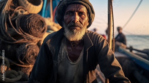 Mature Fisherman Looking at Camera on Sailboat