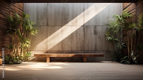 Concrete wall with wooden elements, shadows on the wall, tropical garden, sunlight. Generation AI © Terablete