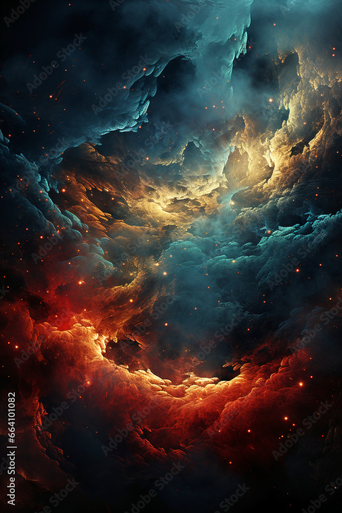 Abstract background, red and blue, in the style of photobashing, light black and bronze, dark sky. AI generative