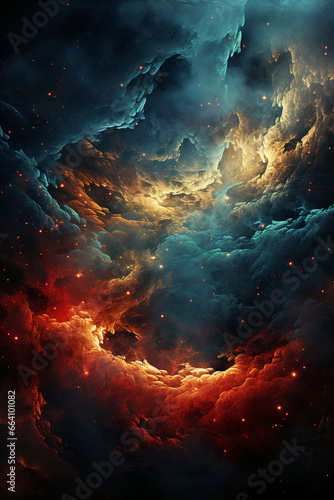 Abstract background, red and blue, in the style of photobashing, light black and bronze, dark sky. AI generative © SANGHYUN