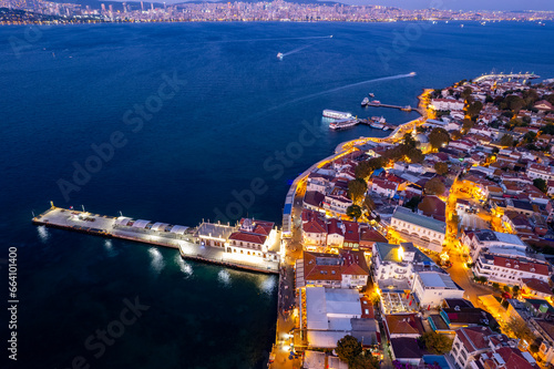 Aerial view of Buyukada (Princes Islands) in Istanbul at sunset. Istanbul, Turkey. Buyukada is the largest of the Princes Islands. Drone shot. photo