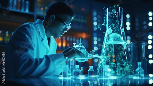 Science and medicine, scientist analyzes and drops a sample into a glass container, secret laboratory. Generation AI