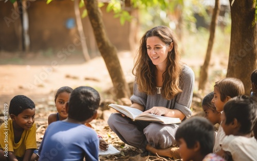 A volunteer teaching underprivileged children photo