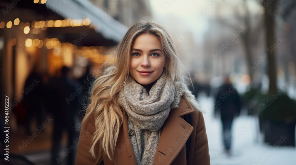 Portrait of a Beautiful Happy Woman in front of a Winter City Background in the Winter, Shopping Street Portrait of a Beautiful Happy Woman in front of a Winter City Background in the Winter, Shopping Street