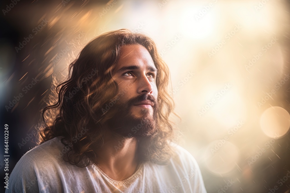 Portrait of a handsome Jesus Christ with lots of bokeh. Portrait of a handsome Jesus Christ with lots of bokeh.