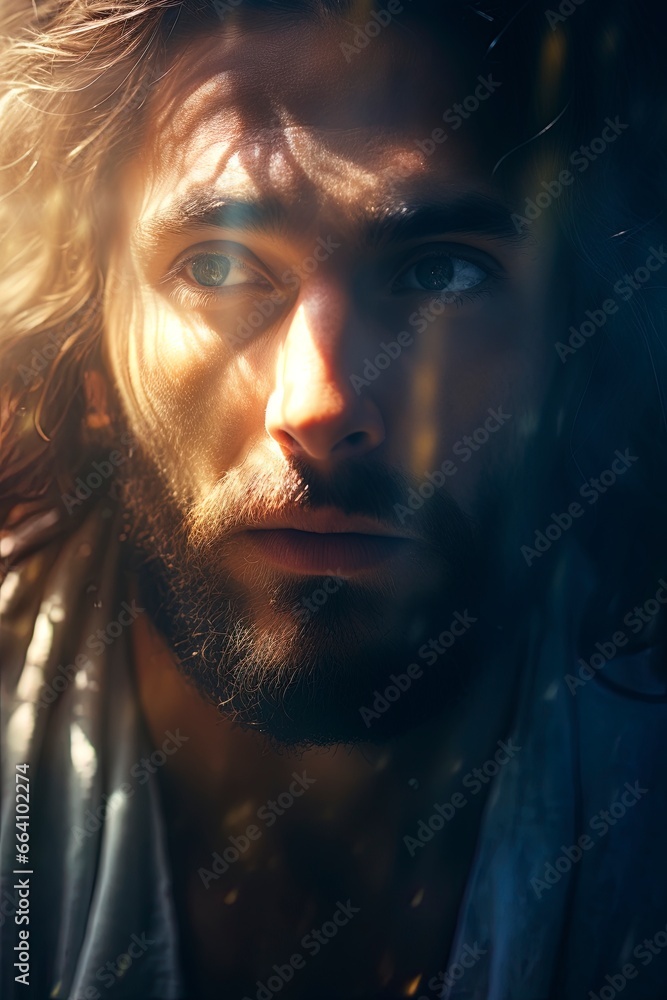 Portrait of a handsome Jesus Christ with lots of bokeh.