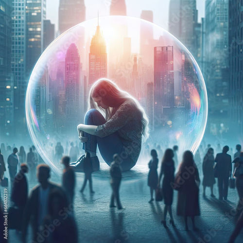 Girl with depression isolated in a bubble  in the city  emotions  States of Mind concept  generative ai
