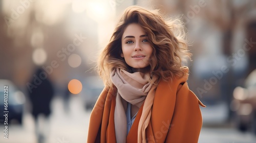 Portrait of a Beautiful Happy Woman in front of a Winter City Background in the Winter, Shopping Street