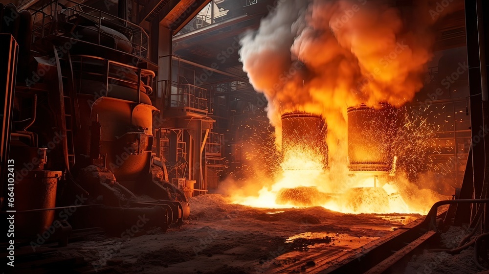 Metal casting in a blast furnace at a metallurgical plant or factory with liquid iron being poured into a container, industrial metal casting. Generation AI