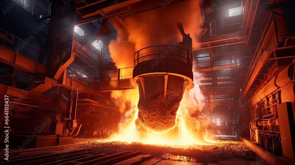 Metal casting in a blast furnace at a metallurgical plant or factory with liquid iron being poured into a container, industrial metal casting. Generation AI - obrazy, fototapety, plakaty 