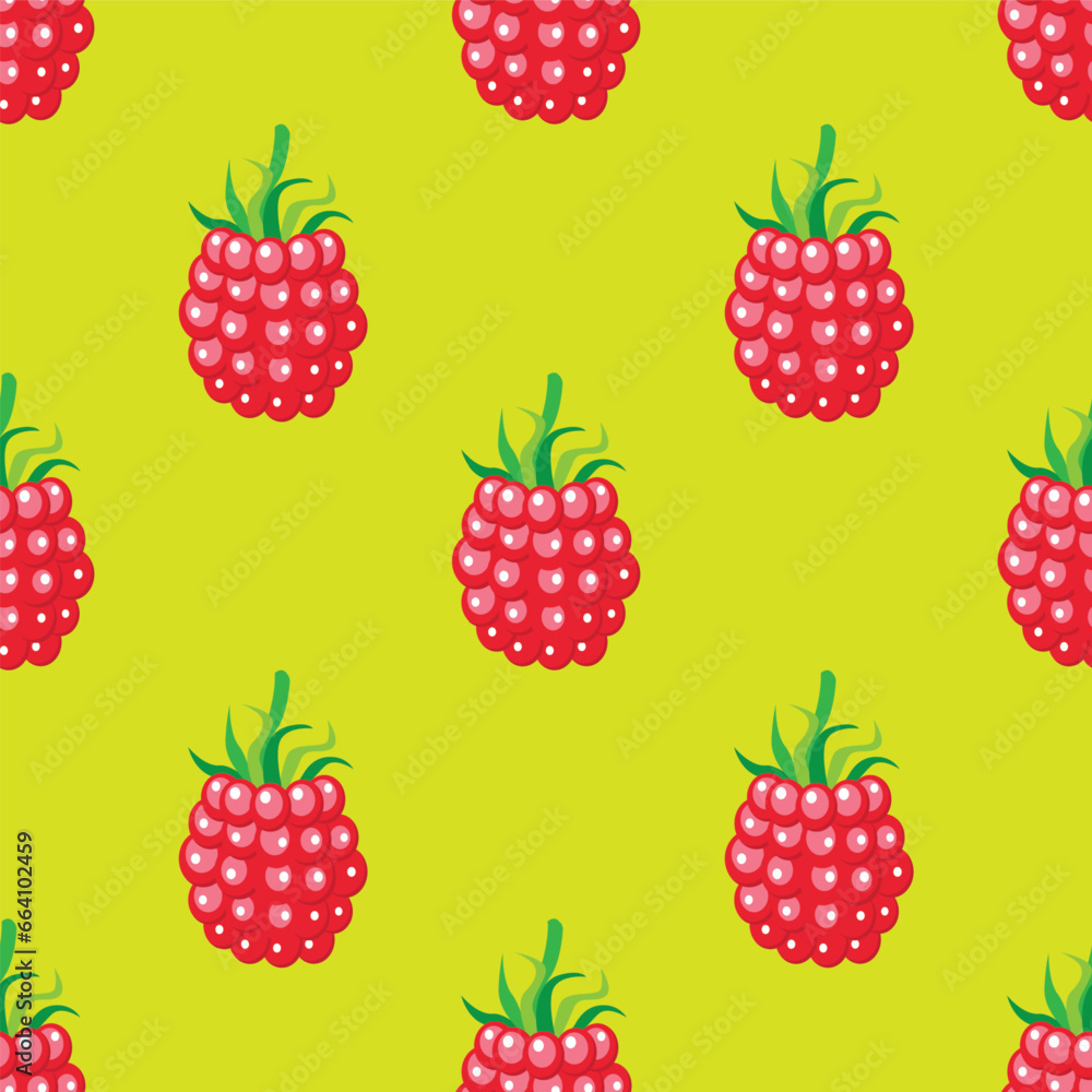 Red raspberry seamless pattern on colorful background. Vector illustration.