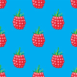 Red raspberry seamless pattern on colorful background. Vector illustration.	