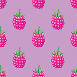 Red raspberry seamless pattern on colorful background. Vector illustration.