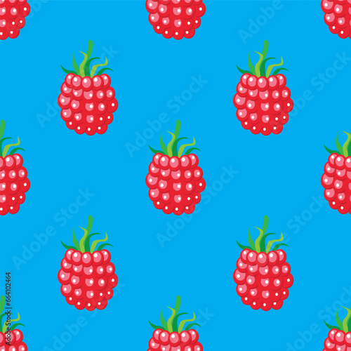 Red raspberry seamless pattern on colorful background. Vector illustration.	