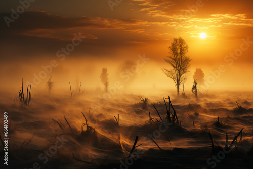An eerie mist over a field, in the style of light orange and light gold, lens flares, sun - soaked colours, creative commons attribution, landscape, celebration of rural life. AI generative