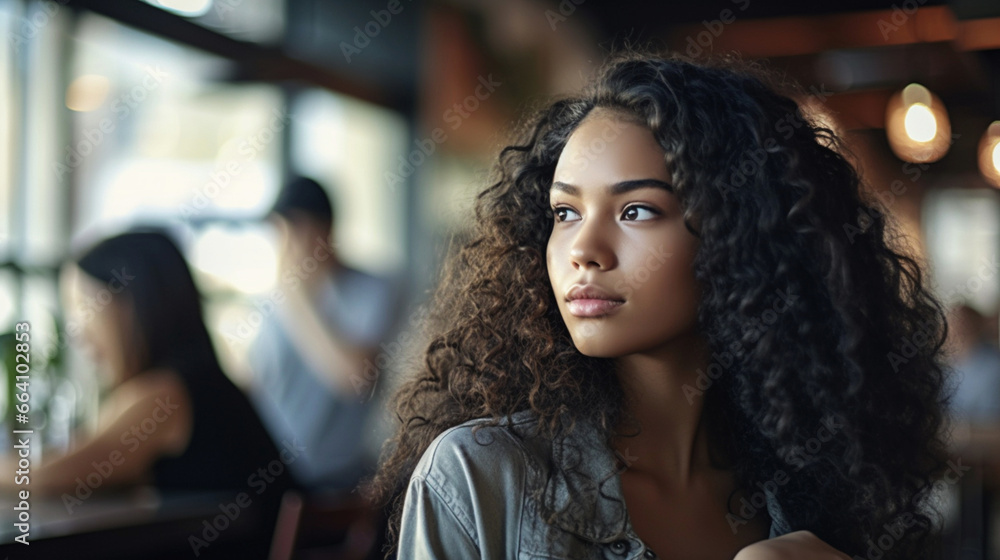 woman has curly, brown hair that is styled in a way that frames her face. looking at something or someone with interest. enjoying her time at the restaurant