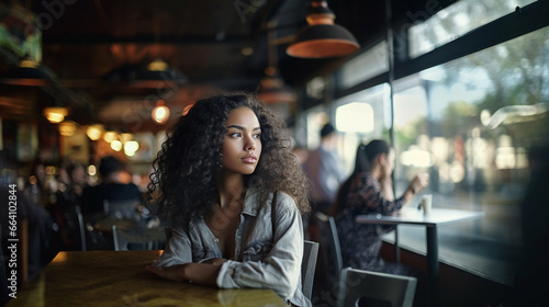  a woman with curly hair, sitting in a restaurant. She appears to be looking down, possibly deep in thought or contemplating something.