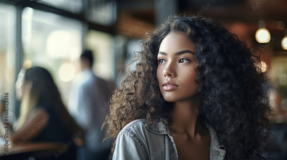  a woman with curly hair, sitting in a restaurant. She appears to be looking down, possibly deep in thought or contemplating something.