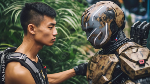 A young Asian man and his best friend, a humanoid android robot with artificial intelligence, in the countryside or jungle, military or militia or resistance fighter,