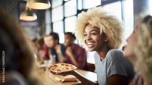 a woman with curly hair, who is sitting at a dining table in a restaurant. She is holding a tiny small S or XS sized pizza, funny,holding pizza in her hand, smiling and enjoying  photo