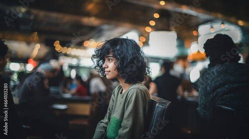 young adult woman or teenager girl, tanned skin african american of indonesian asian hispanic mexican, 20s, sits in a bar with tourists and locals