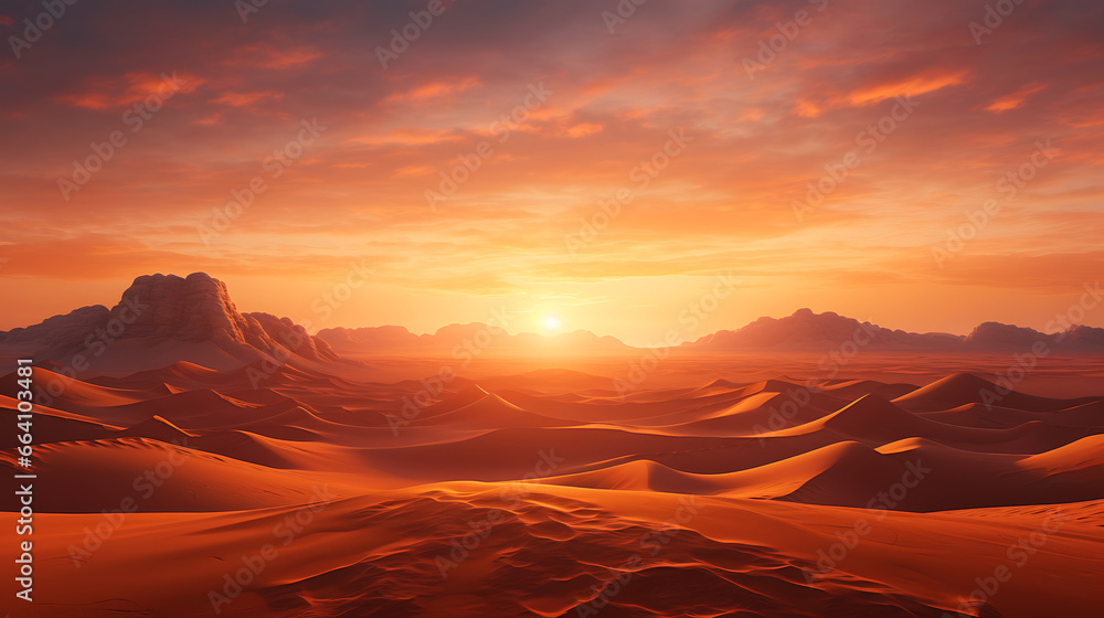 a desert sunset, with a vast expanse of sand dunes stretching to the horizon, and the setting sun casting a warm, golden glow over the arid landscape, evoking the tranquility of desert evenings