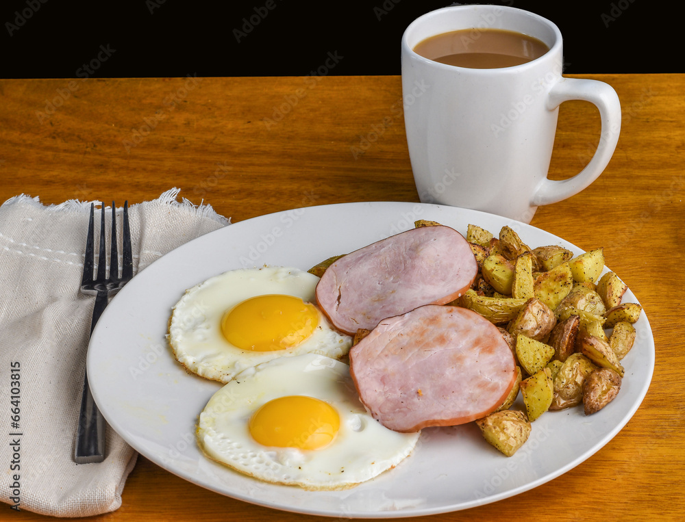 two fried eggs served with canadian bacon, two fried eggs served with canadian bacon,