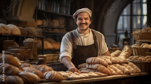 Cheerful Baker Smiling at Camera with Freshly Baked Baguettes