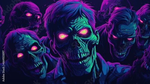 zombies with neon eyes inside a purple background. Fantasy concept , Illustration painting.