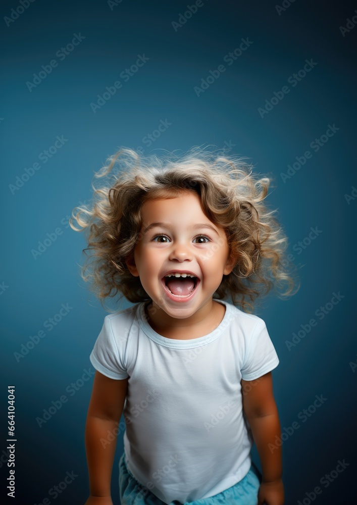 Portrait of happy little girl with curly hair and cheeerful smile isolated on blue background Portrait of happy little girl with curly hair and cheeerful smile isolated on blue background