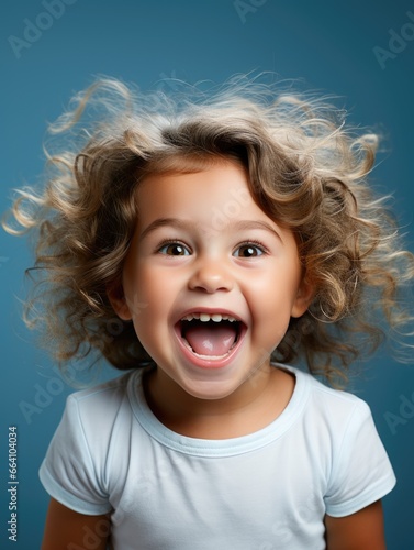 Portrait of happy little girl with curly hair and cheeerful smile isolated on blue background